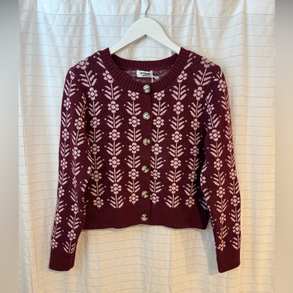 Cute Floral Burgundy Wool Blend Cardigan Love Knits NYC Size Large